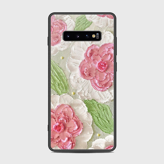 Samsung Galaxy S10 Plus Cover - Floral Series - Design 13 - Offwhite & Green - HQ Ultra Shine Premium Infinity Glass Soft Silicon Borders Case