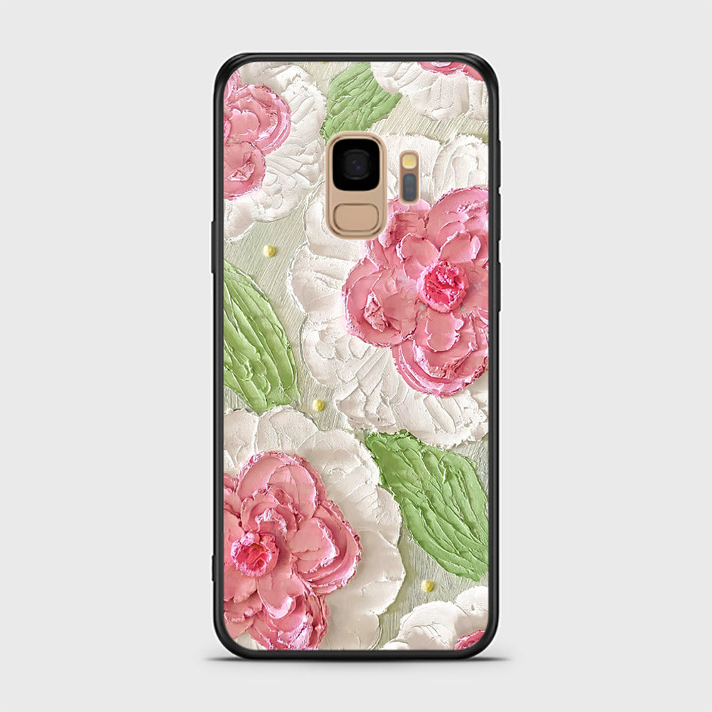 Samsung Galaxy S9 Cover - Floral Series - Design 13 - Offwhite & Green - HQ Ultra Shine Premium Infinity Glass Soft Silicon Borders Case