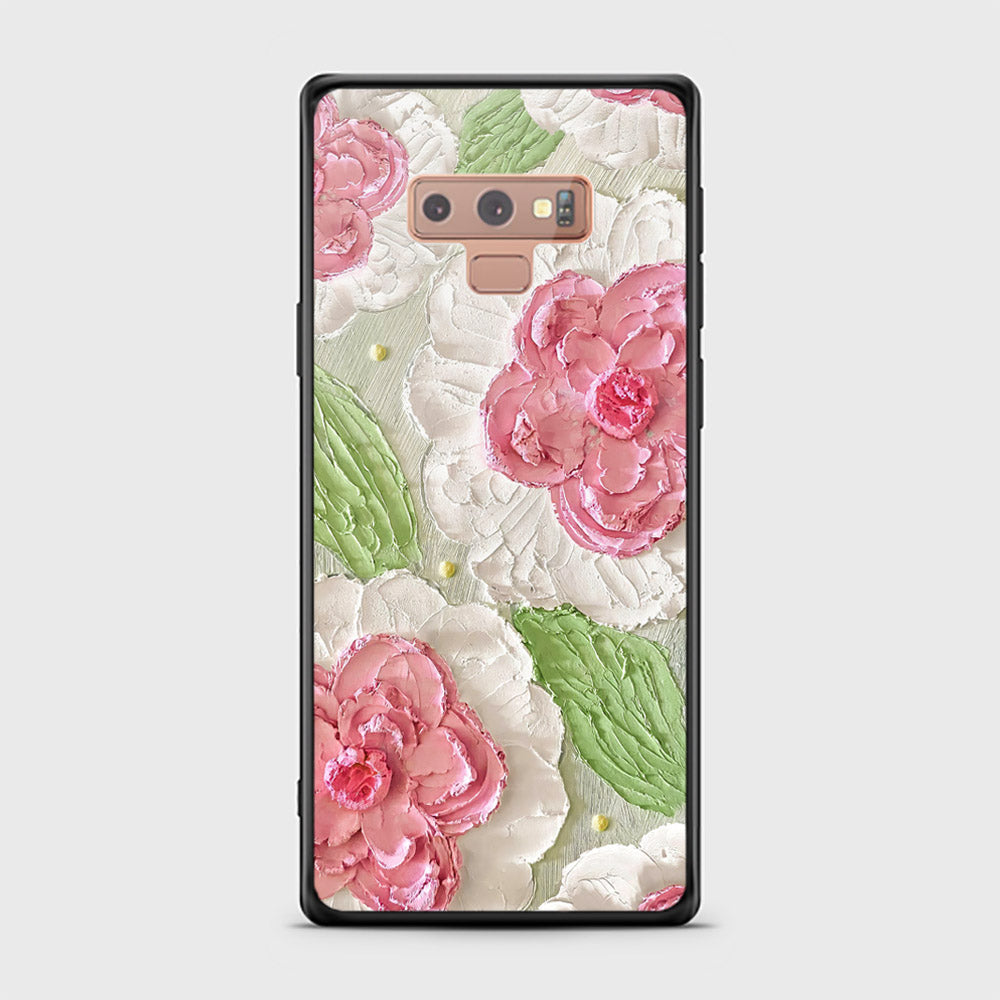 Samsung Galaxy Note 9 Cover - Floral Series - Design 13 - Offwhite & Green - HQ Ultra Shine Premium Infinity Glass Soft Silicon Borders Case