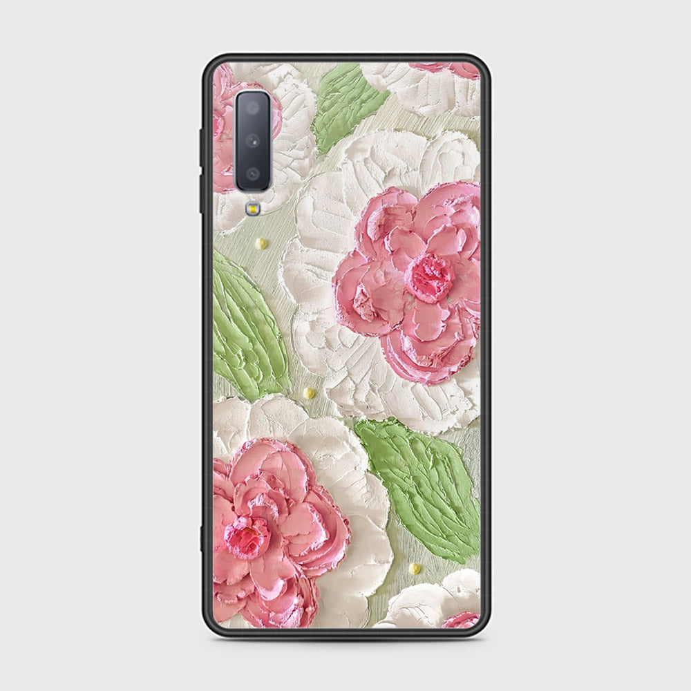 Samsung Galaxy A7 2018 Cover - Floral Series - Design 13 - Offwhite & Green - HQ Ultra Shine Premium Infinity Glass Soft Silicon Borders Case