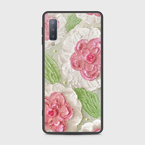 Samsung Galaxy A7 2018 Cover - Floral Series - Design 13 - Offwhite & Green - HQ Ultra Shine Premium Infinity Glass Soft Silicon Borders Case