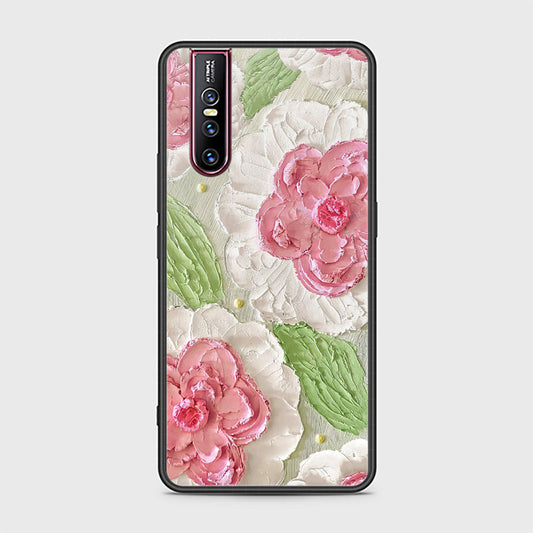 Vivo V15 Pro Cover - Floral Series - Design 13 - Offwhite & Green - HQ Ultra Shine Premium Infinity Glass Soft Silicon Borders Case