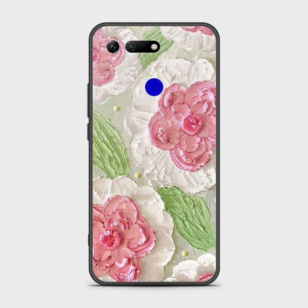 Huawei Honor View 20 Cover - Floral Series - Design 13 - Offwhite & Green - HQ Ultra Shine Premium Infinity Glass Soft Silicon Borders Case