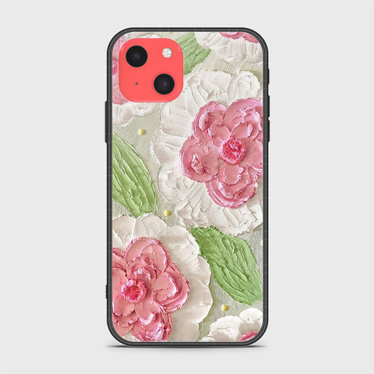 iPhone 13 Mini Cover - Floral Series - Design 13 - Offwhite & Green - HQ Ultra Shine Premium Infinity Glass Soft Silicon Borders Case