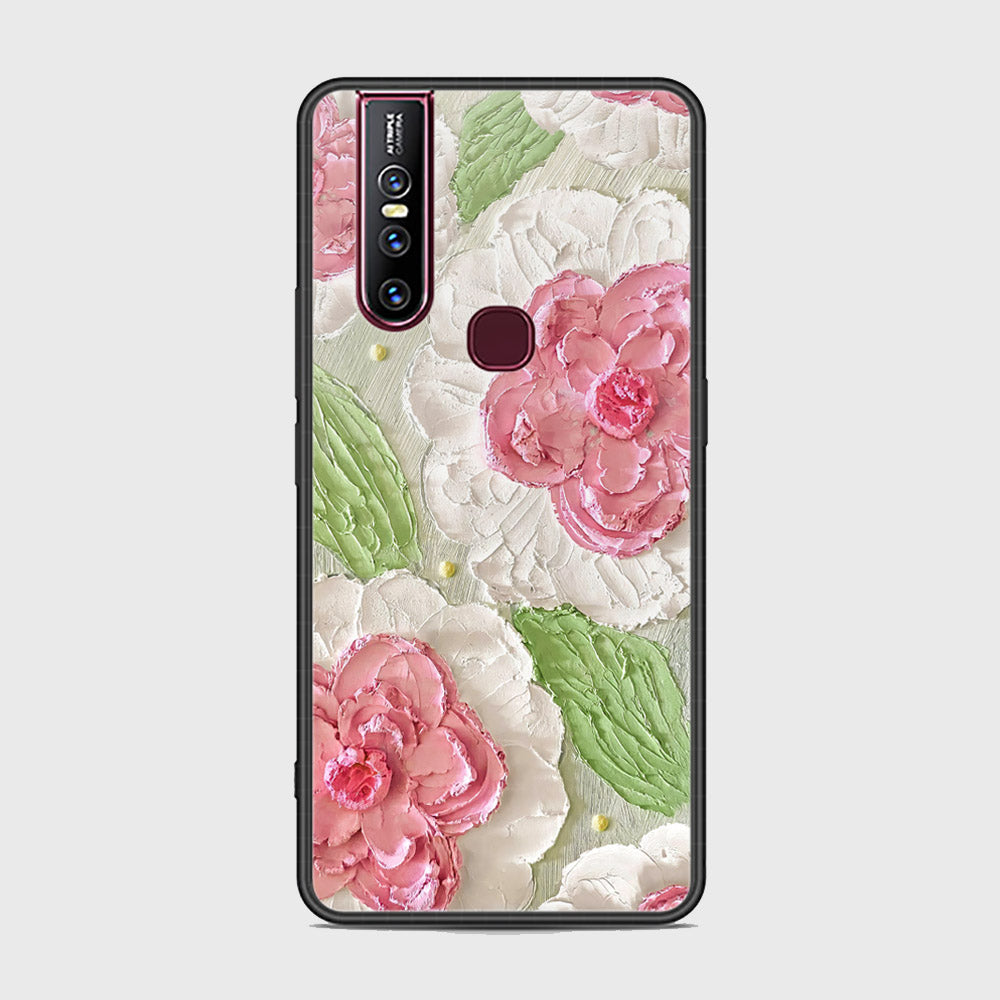 Vivo V15 Cover - Floral Series - Design 13 - Offwhite & Green - HQ Ultra Shine Premium Infinity Glass Soft Silicon Borders Case