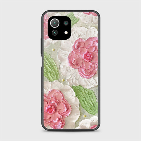 Xiaomi 11 Lite 5G NE Cover - Floral Series - Design 13 - Offwhite & Green - HQ Ultra Shine Premium Infinity Glass Soft Silicon Borders Case