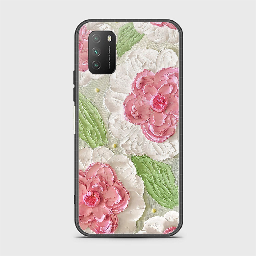 Xiaomi Poco M3 Cover - Floral Series - Design 13 - Offwhite & Green - HQ Ultra Shine Premium Infinity Glass Soft Silicon Borders Case