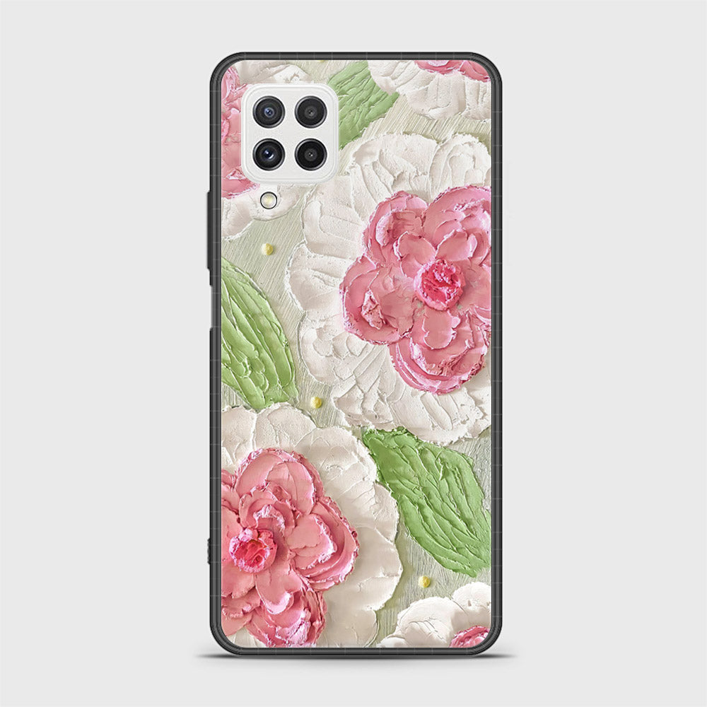 Samsung Galaxy M22 Cover - Floral Series - Design 13 - Offwhite & Green - HQ Ultra Shine Premium Infinity Glass Soft Silicon Borders Case