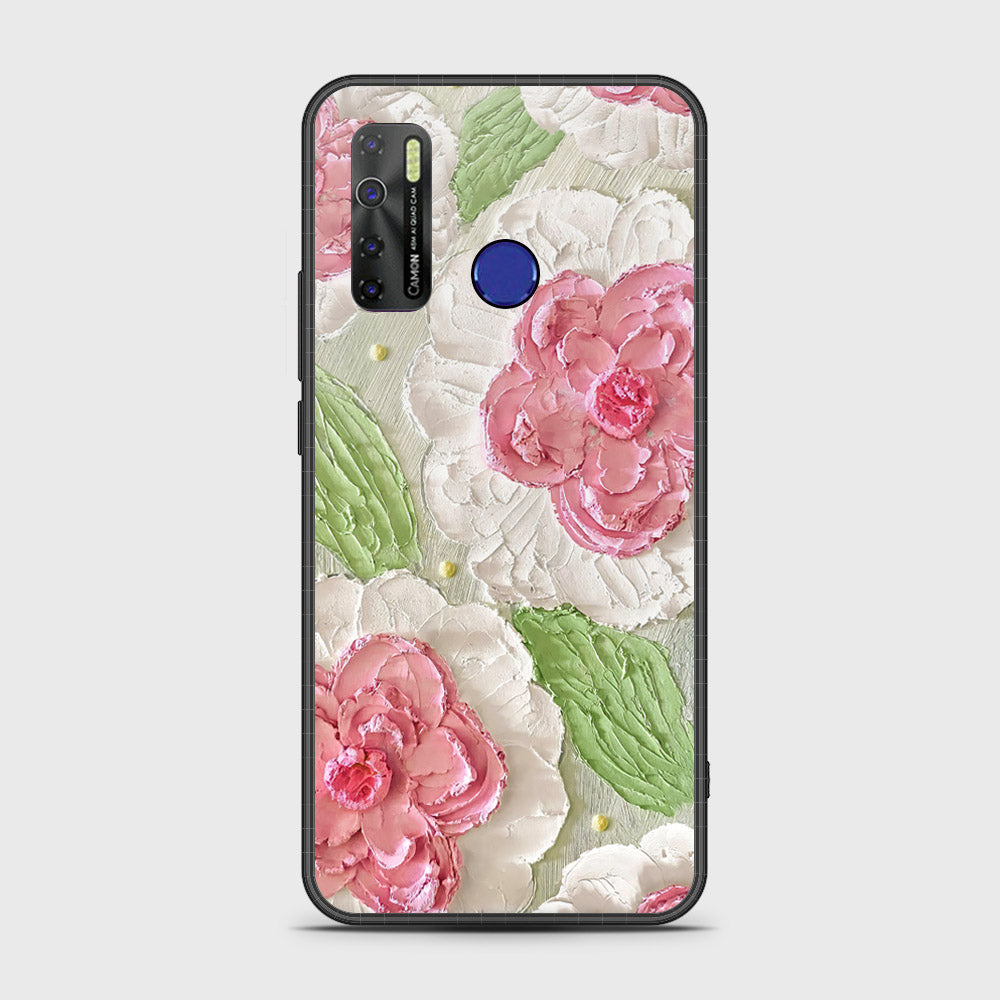 Tecno Camon 15 Cover - Floral Series - Design 13 - Offwhite & Green - HQ Ultra Shine Premium Infinity Glass Soft Silicon Borders Case