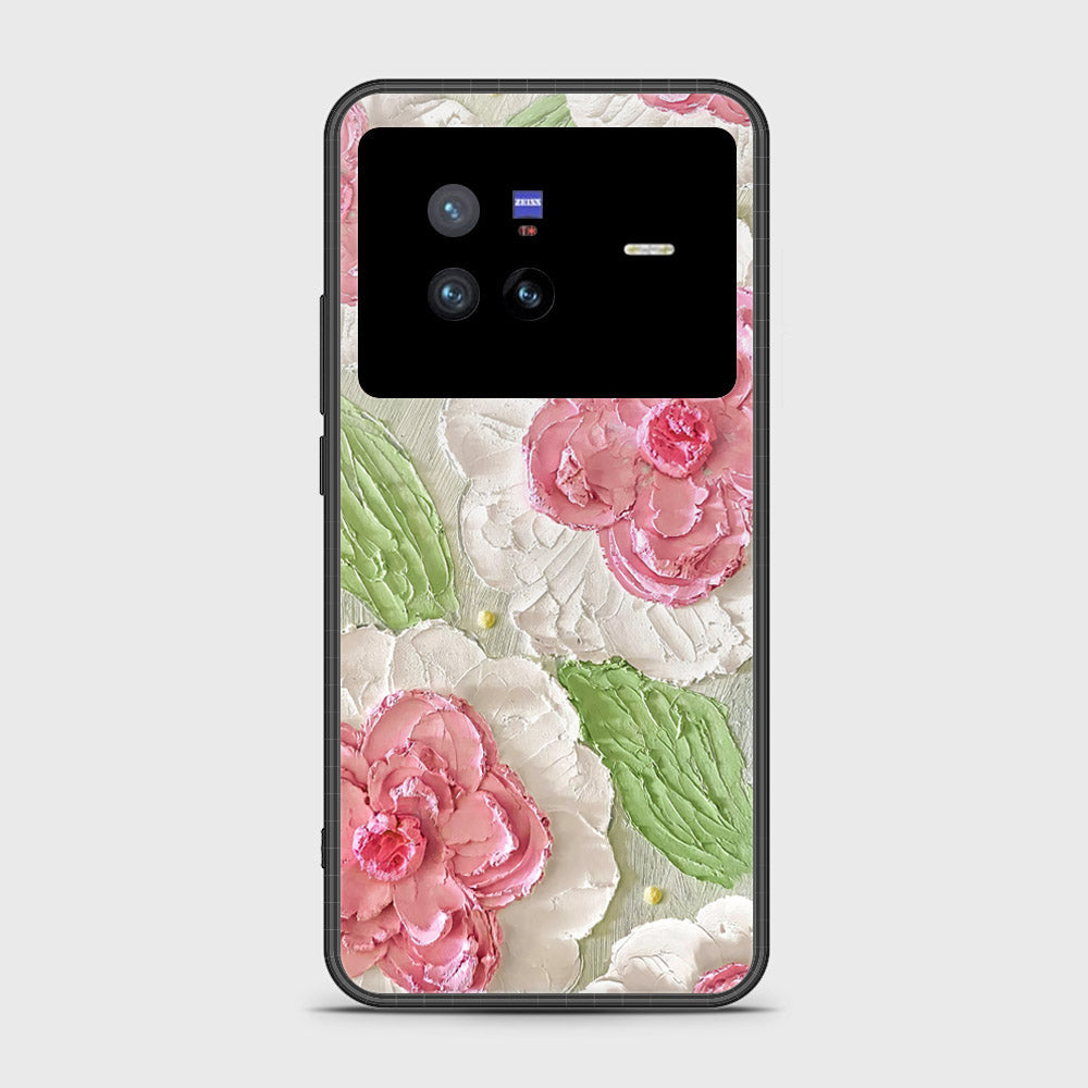 Vivo X80 Cover - Floral Series - Design 13 - Offwhite & Green - HQ Ultra Shine Premium Infinity Glass Soft Silicon Borders Case