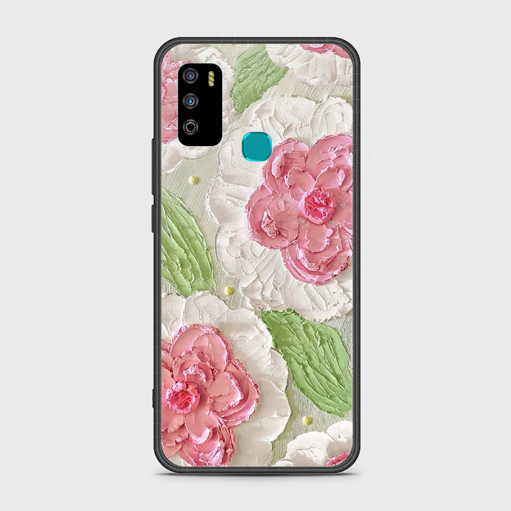 Infinix Hot 9 Play Cover - Floral Series - Design 13 - Offwhite & Green - HQ Ultra Shine Premium Infinity Glass Soft Silicon Borders Case