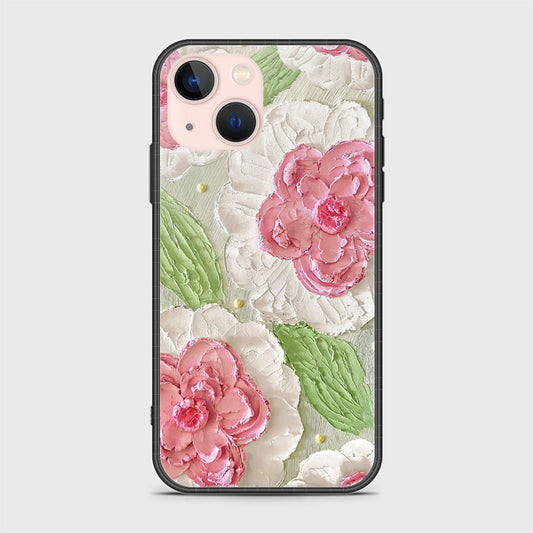 iPhone 14 Plus Cover - Floral Series - Design 13 - Offwhite & Green - HQ Ultra Shine Premium Infinity Glass Soft Silicon Borders Case