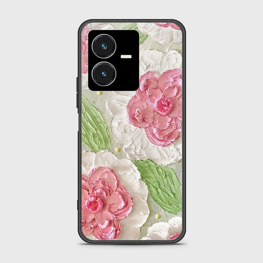 Vivo Y22s Cover - Floral Series - Design 13 - Offwhite & Green - HQ Ultra Shine Premium Infinity Glass Soft Silicon Borders Case