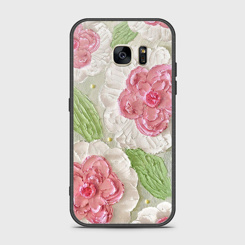 Samsung Galaxy S7 Cover - Floral Series - Design 13 - Offwhite & Green - HQ Ultra Shine Premium Infinity Glass Soft Silicon Borders Case