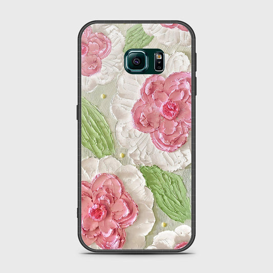 Samsung Galaxy S6 Edge Cover - Floral Series - Design 13 - Offwhite & Green - HQ Ultra Shine Premium Infinity Glass Soft Silicon Borders Case