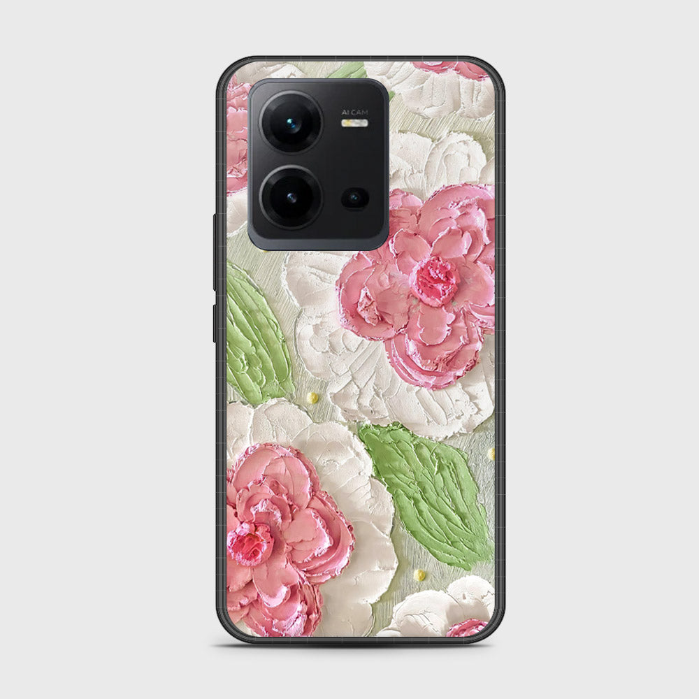 Vivo V25e Cover - Floral Series - Design 13 - Offwhite & Green - HQ Ultra Shine Premium Infinity Glass Soft Silicon Borders Case