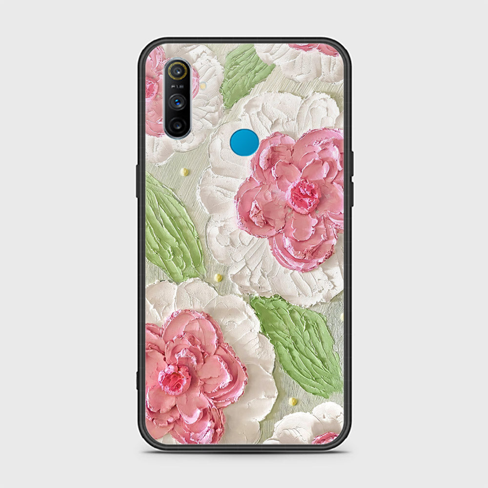 Realme 5s Cover - Floral Series - Design 13 - Offwhite & Green - HQ Ultra Shine Premium Infinity Glass Soft Silicon Borders Case