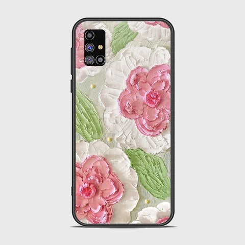 Samsung Galaxy M31s Cover - Floral Series - Design 13 - Offwhite & Green - HQ Ultra Shine Premium Infinity Glass Soft Silicon Borders Case