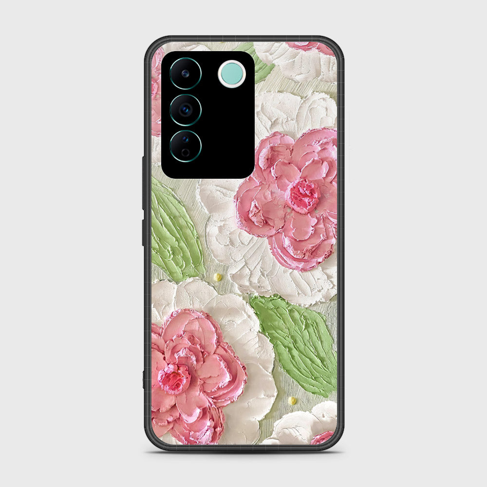 Vivo V27e Cover - Floral Series - Design 13 - Offwhite & Green - HQ Ultra Shine Premium Infinity Glass Soft Silicon Borders Case