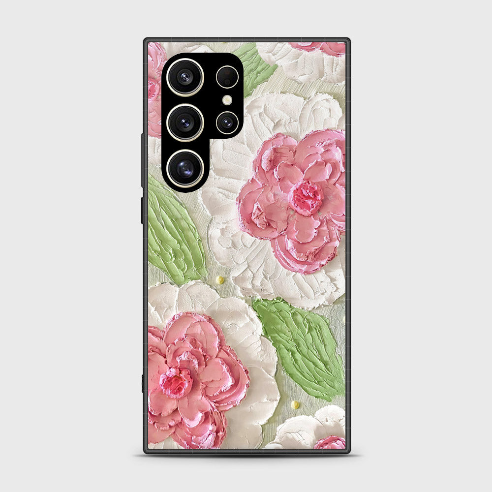 Samsung Galaxy S24 Ultra Cover - Floral Series - Design 13 - Offwhite & Green - HQ Ultra Shine Premium Infinity Glass Soft Silicon Borders Case