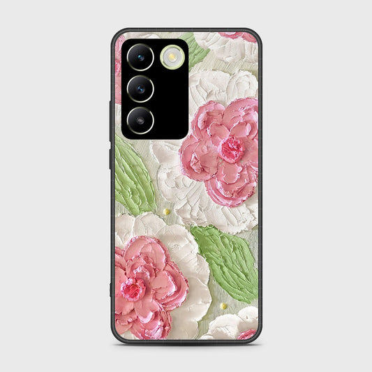 Vivo V30 Lite 4G Cover - Floral Series - Design 13 - Offwhite & Green - HQ Ultra Shine Premium Infinity Glass Soft Silicon Borders Case