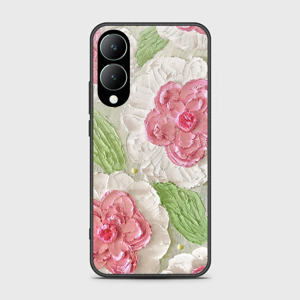 Vivo Y17s Cover - Floral Series - Design 13 - Offwhite & Green - HQ Ultra Shine Premium Infinity Glass Soft Silicon Borders Case