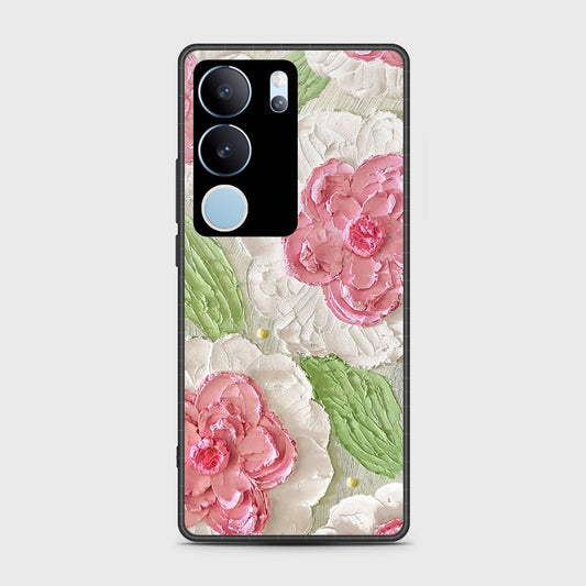 Vivo S17 Cover - Floral Series - Design 13 - Offwhite & Green - HQ Ultra Shine Premium Infinity Glass Soft Silicon Borders Case