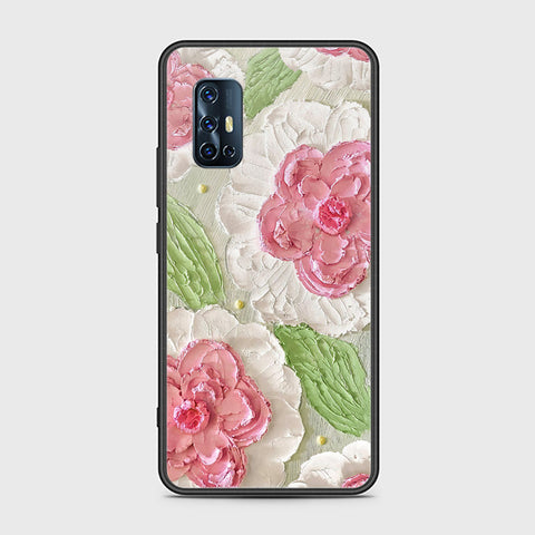 Vivo V17 Cover - Floral Series - Design 13 - Offwhite & Green - HQ Ultra Shine Premium Infinity Glass Soft Silicon Borders Case