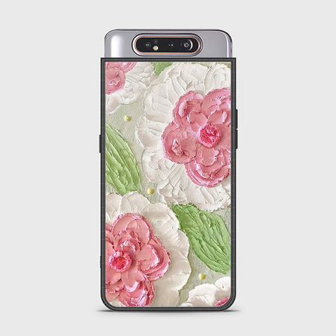 Samsung Galaxy A80 Cover - Floral Series - Design 13 - Offwhite & Green - HQ Ultra Shine Premium Infinity Glass Soft Silicon Borders Case