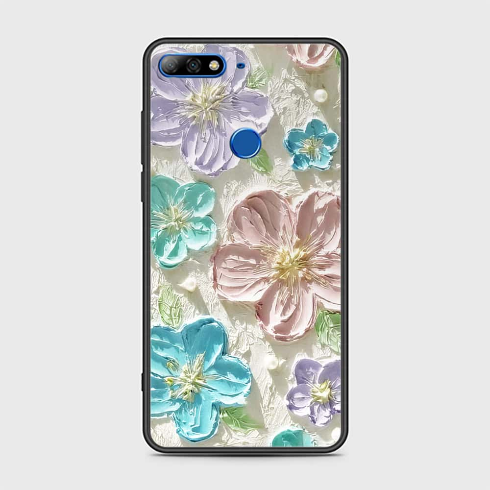 Y7 2018 Cover - Floral Series - Design 14 - Blue & Purple - HQ Ultra Shine Premium Infinity Glass Soft Silicon Borders Case