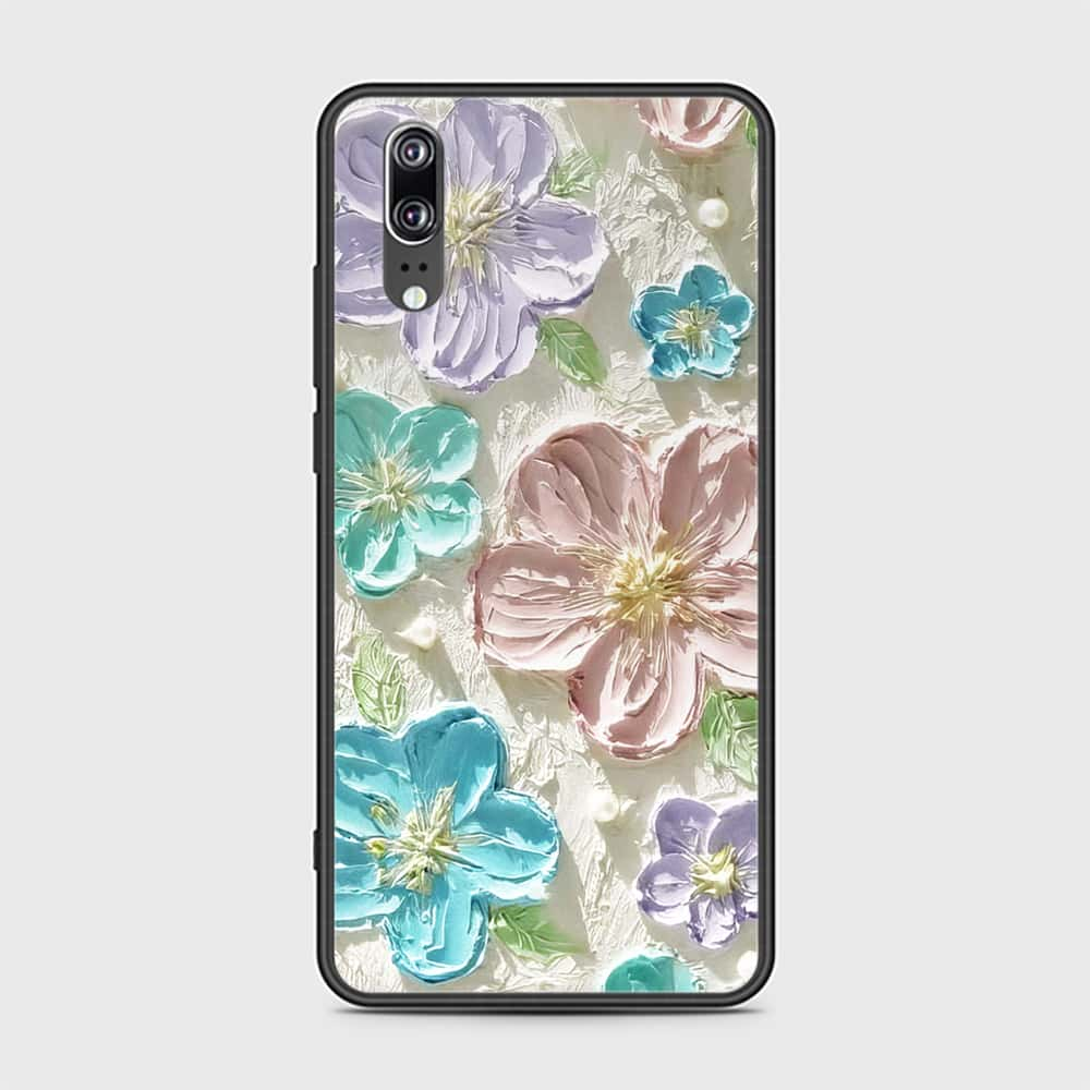 Huawei P20 Cover - Floral Series - Design 14 - Blue & Purple - HQ Ultra Shine Premium Infinity Glass Soft Silicon Borders Case