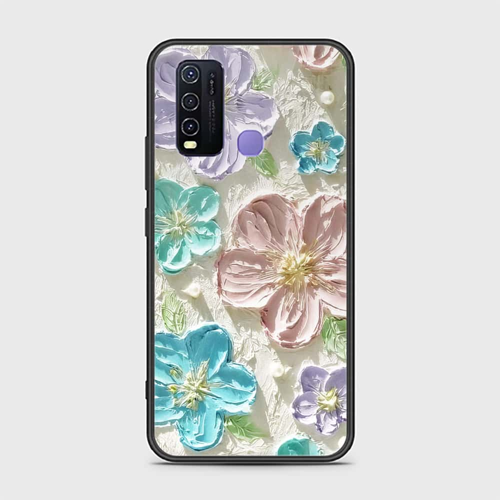 Vivo Y30 Cover - Floral Series - Design 14 - Blue & Purple - HQ Ultra Shine Premium Infinity Glass Soft Silicon Borders Case