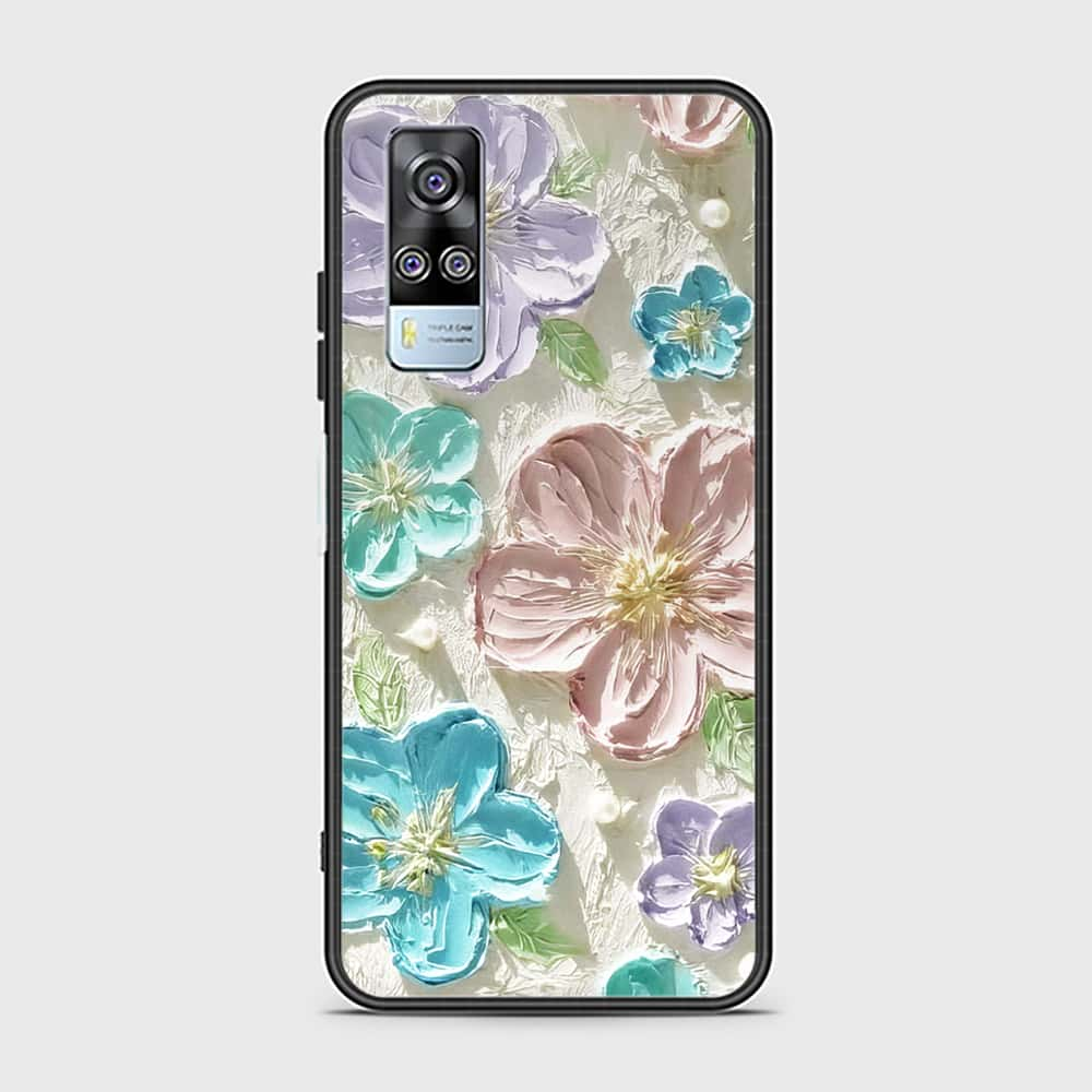 Vivo Y51 (2020 December) Cover - Floral Series - Design 14 - Blue & Purple - HQ Ultra Shine Premium Infinity Glass Soft Silicon Borders Case