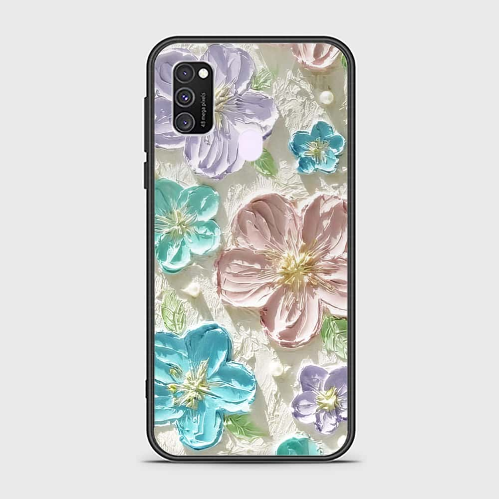 Samsung Galaxy M21 Cover - Floral Series - Design 14 - Blue & Purple - HQ Ultra Shine Premium Infinity Glass Soft Silicon Borders Case