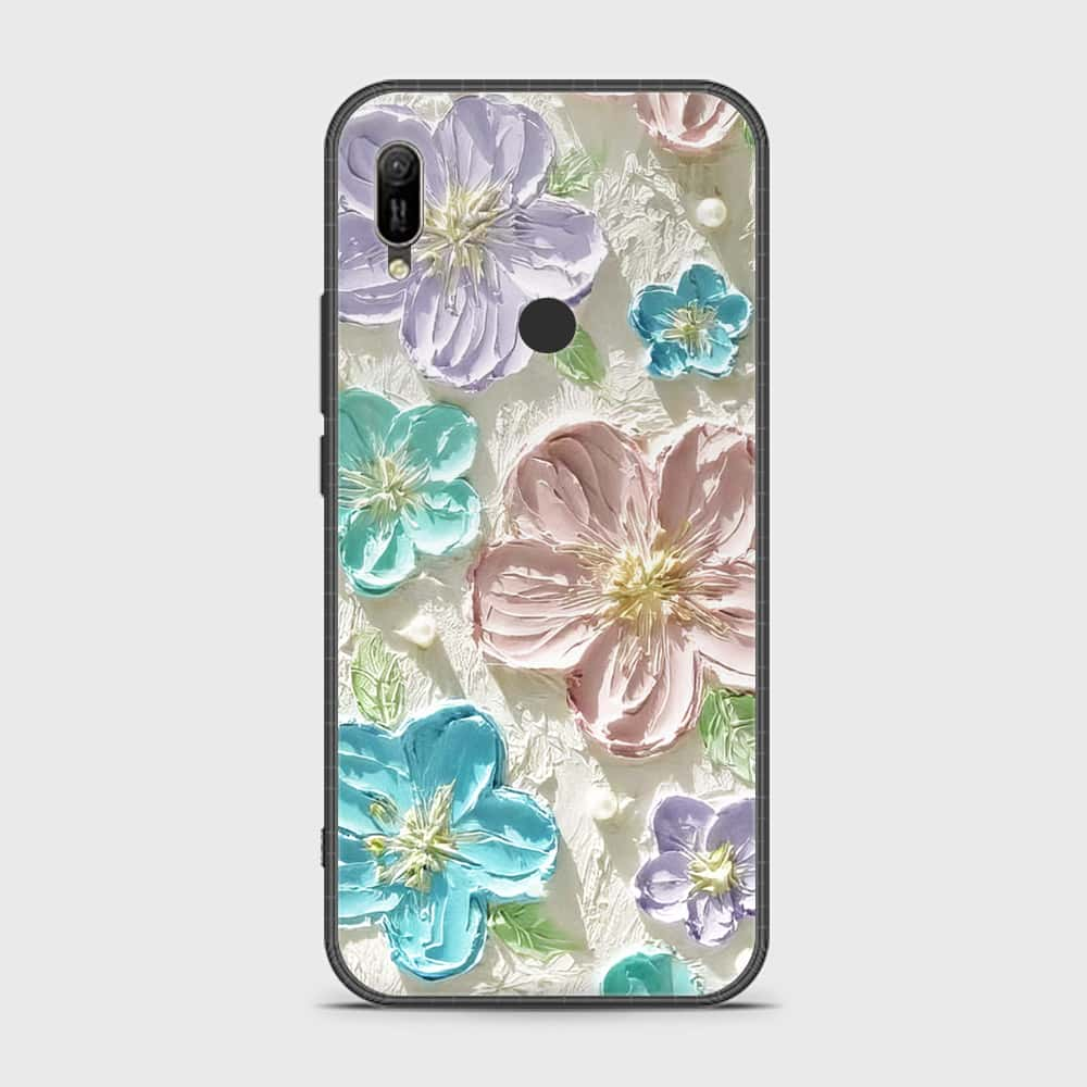 Huawei Y6 2019 Cover - Floral Series - Design 14 - Blue & Purple- HQ Ultra Shine Premium Infinity Glass Soft Silicon Borders Case