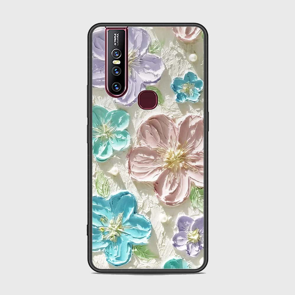 Vivo V15 Cover - Floral Series - Design 14 - Blue & Purple- HQ Ultra Shine Premium Infinity Glass Soft Silicon Borders Case