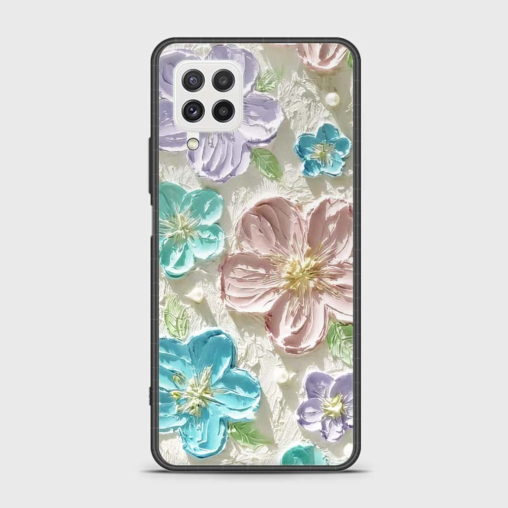 Samsung Galaxy M22 Cover - Floral Series - Design 14 - Blue & Purple- HQ Ultra Shine Premium Infinity Glass Soft Silicon Borders Case