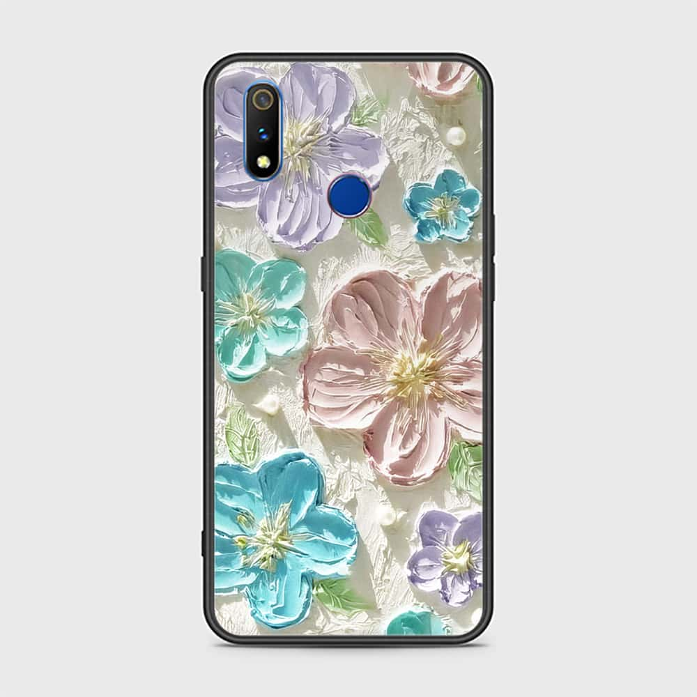 Realme 3 Cover - Floral Series - Design 14 - Blue & Purple - HQ Ultra Shine Premium Infinity Glass Soft Silicon Borders Case