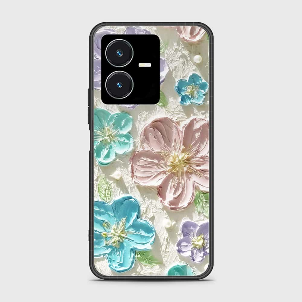 Vivo Y22s Cover - Floral Series - Design 14 - Blue & Purple - HQ Ultra Shine Premium Infinity Glass Soft Silicon Borders Case