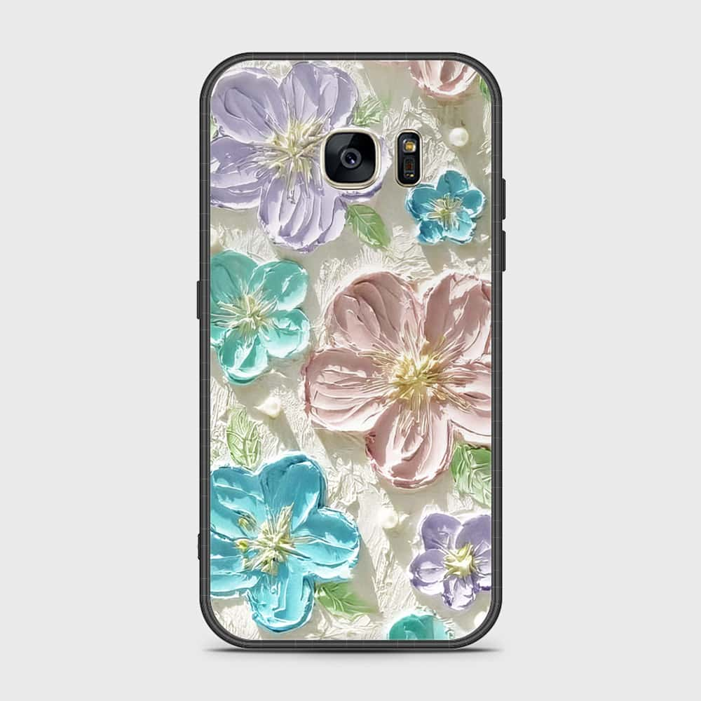 Samsung Galaxy S7 Cover - Floral Series - Design 14 - Blue & Purple - HQ Ultra Shine Premium Infinity Glass Soft Silicon Borders Case