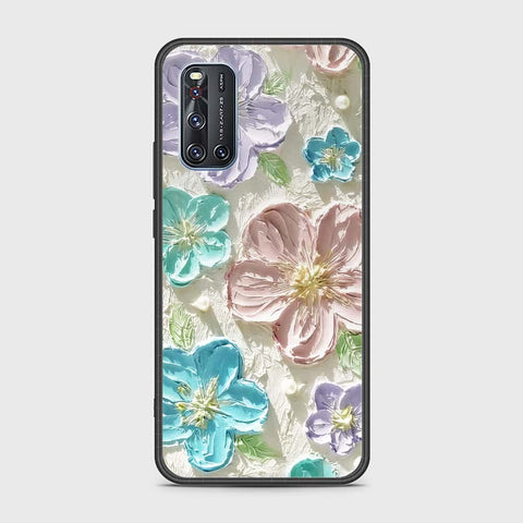 Vivo V19 Cover - Floral Series - Design 14 - Blue & Purple - HQ Ultra Shine Premium Infinity Glass Soft Silicon Borders Case