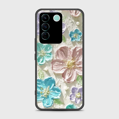 Vivo V27e Cover - Floral Series - Design 14 - Blue & Purple - HQ Ultra Shine Premium Infinity Glass Soft Silicon Borders Case