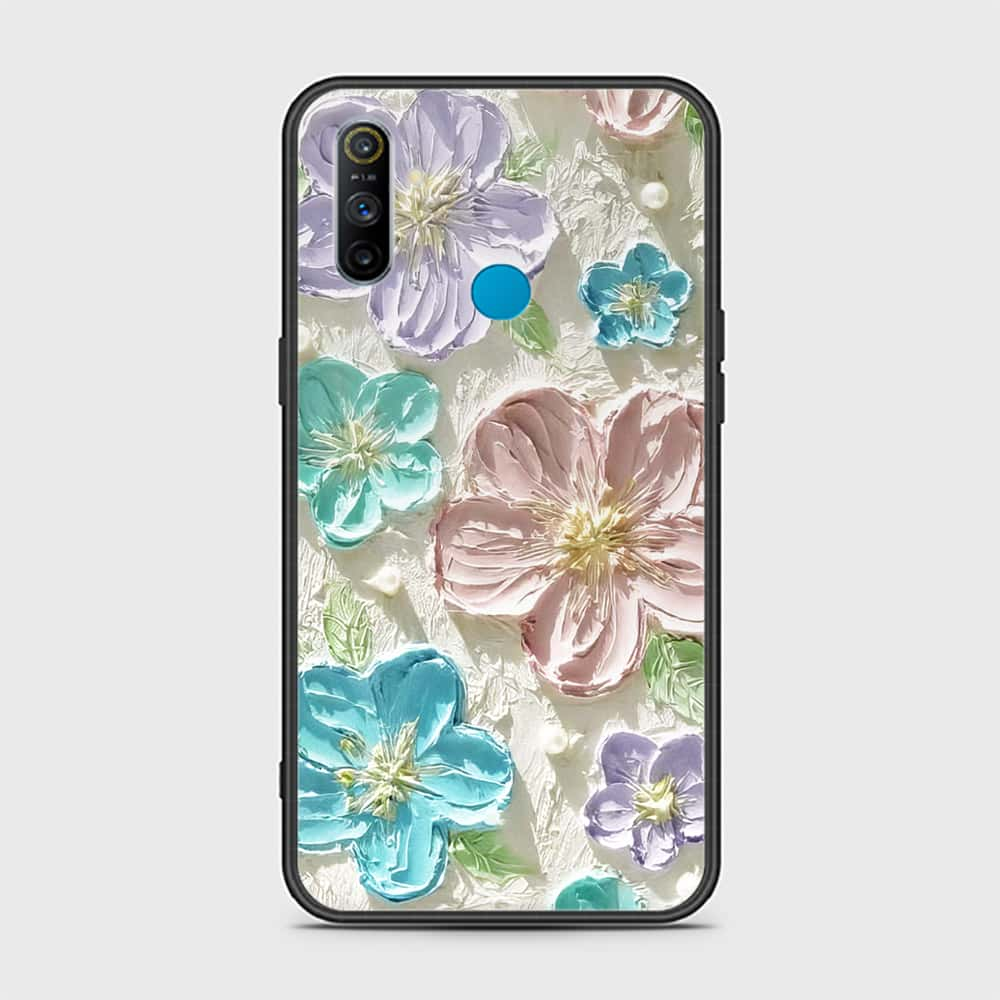 Realme C3 Cover - Floral Series - Design 14 - Blue & Purple - HQ Ultra Shine Premium Infinity Glass Soft Silicon Borders Case