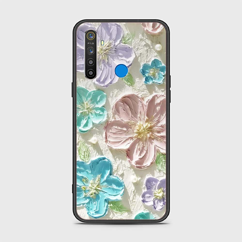 Realme 5 Cover - Floral Series - Design 14 - Blue & Purple - HQ Ultra Shine Premium Infinity Glass Soft Silicon Borders Case