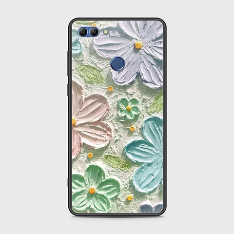 Huawei Y9 2018 Cover - Floral Series - Design 15 - Blue & Green - HQ Ultra Shine Premium Infinity Glass Soft Silicon Borders Case