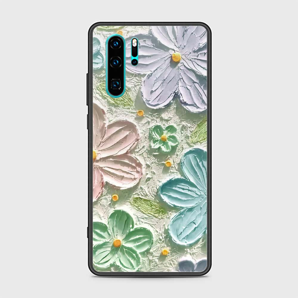 Huawei P30 Pro Cover - Floral Series - Design 15 - Blue & Green - HQ Ultra Shine Premium Infinity Glass Soft Silicon Borders Case