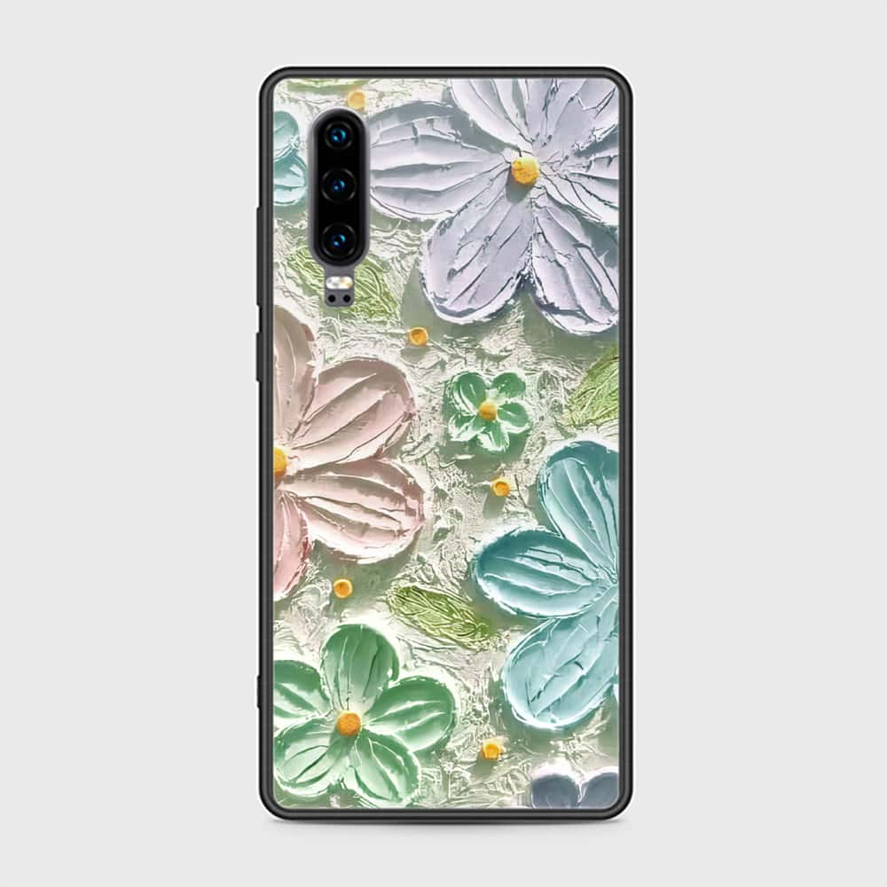 Huawei P30 Cover - Floral Series - Design 15 - Blue & Green - HQ Ultra Shine Premium Infinity Glass Soft Silicon Borders Case