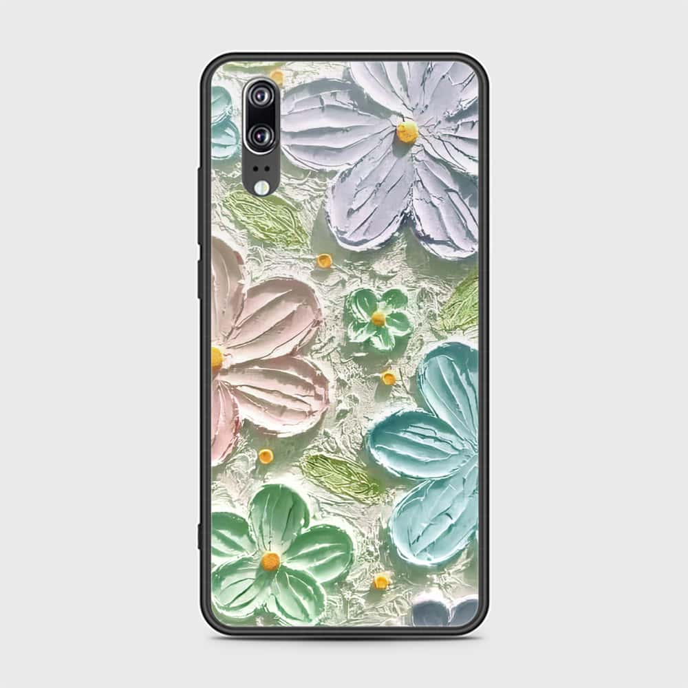 Huawei P20 Cover - Floral Series - Design 15 - Blue & Green - HQ Ultra Shine Premium Infinity Glass Soft Silicon Borders Case