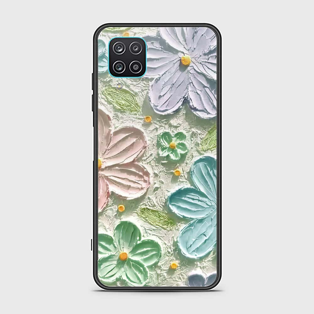 Samsung Galaxy A12 Cover - Floral Series - Design 15 - Blue & Green - HQ Ultra Shine Premium Infinity Glass Soft Silicon Borders Case