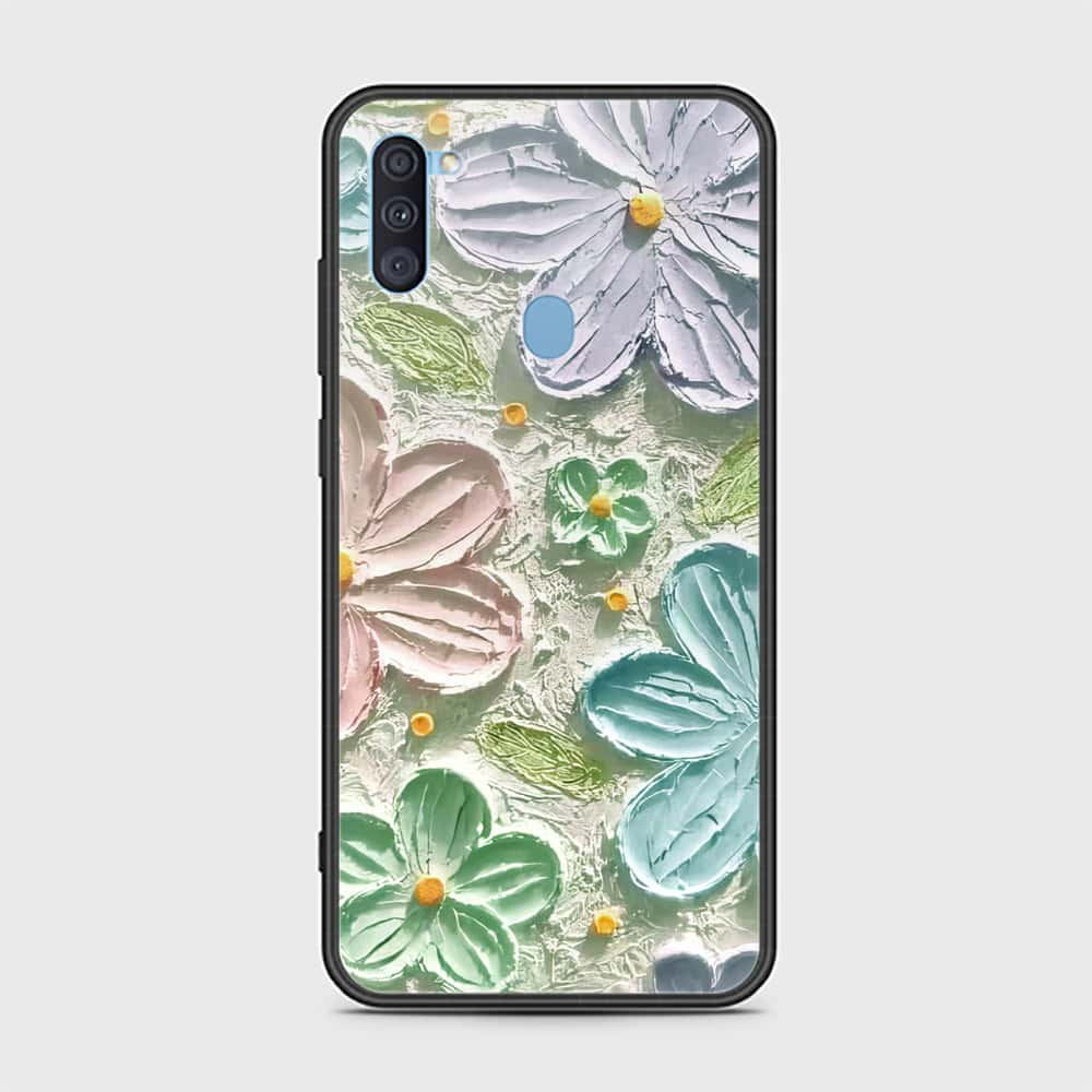 Samsung Galaxy M11 Cover - Floral Series - Design 15 - Blue & Green - HQ Ultra Shine Premium Infinity Glass Soft Silicon Borders Case